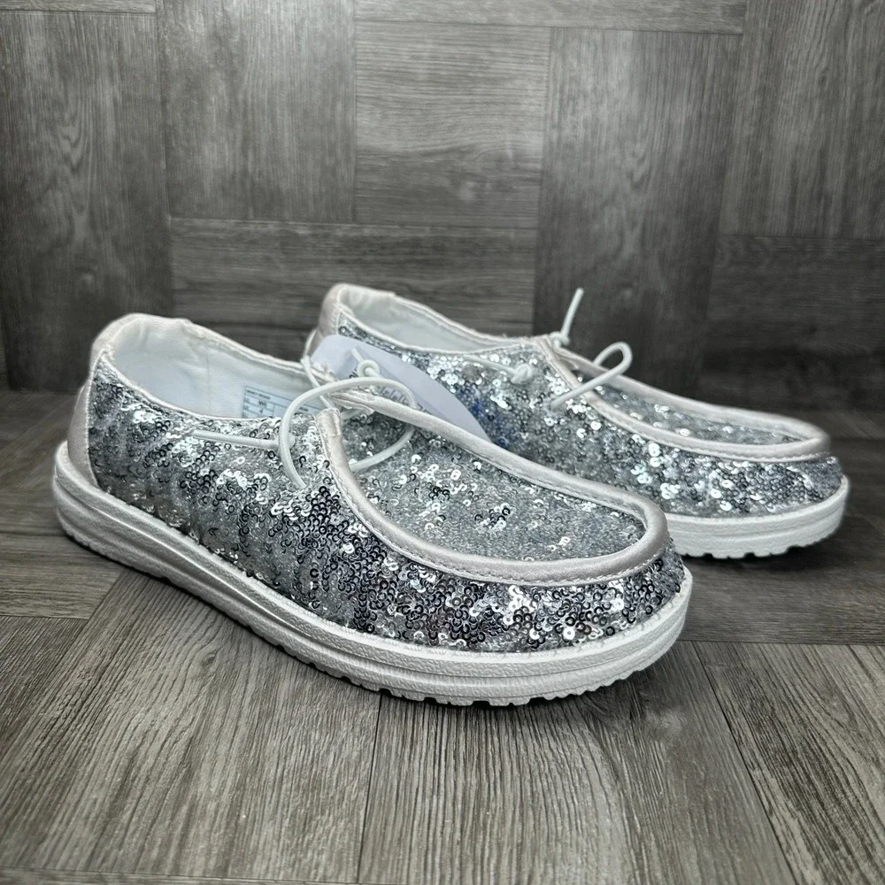 Hey Dude Wendy Sequin Women Size 5 Cream Silver Sparkle Slip On NEW